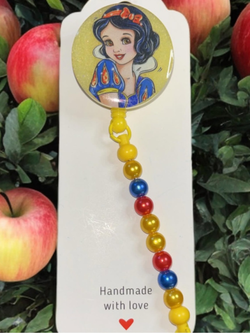 Handmade Snow White Badge Reel With Yellow Blue Red Beaded Lanyard